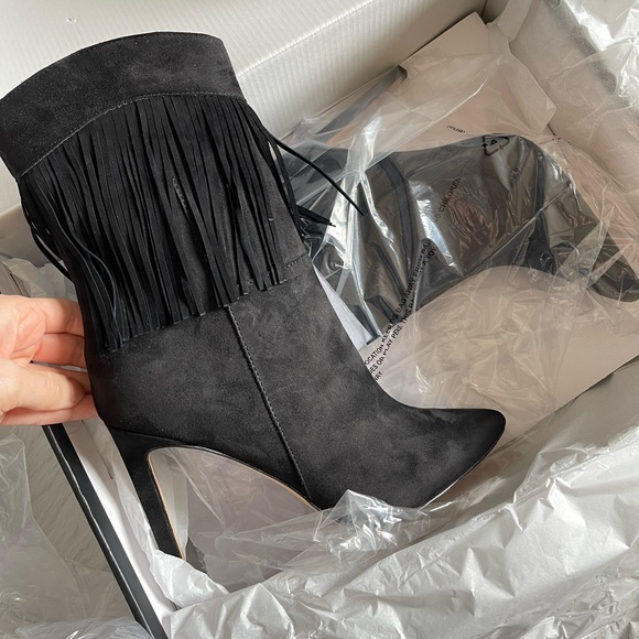 NWT Nine West Black Fringe Western Boots Boho Faux Suede Heels - Picture 10 of 13